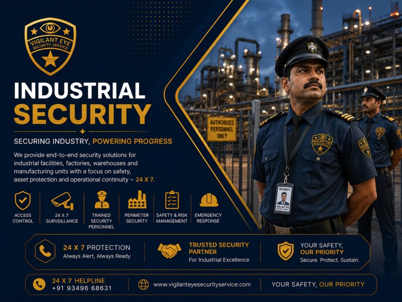 Factory floor with security guard on patrol