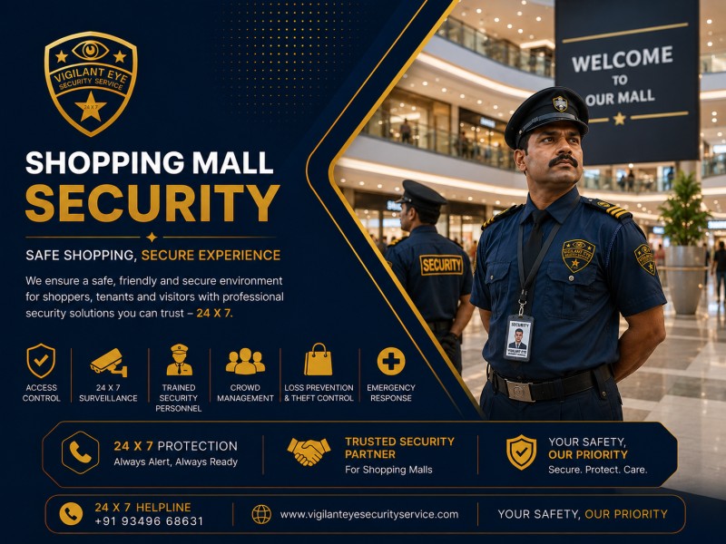 Shopping mall entrance with a security guard on duty