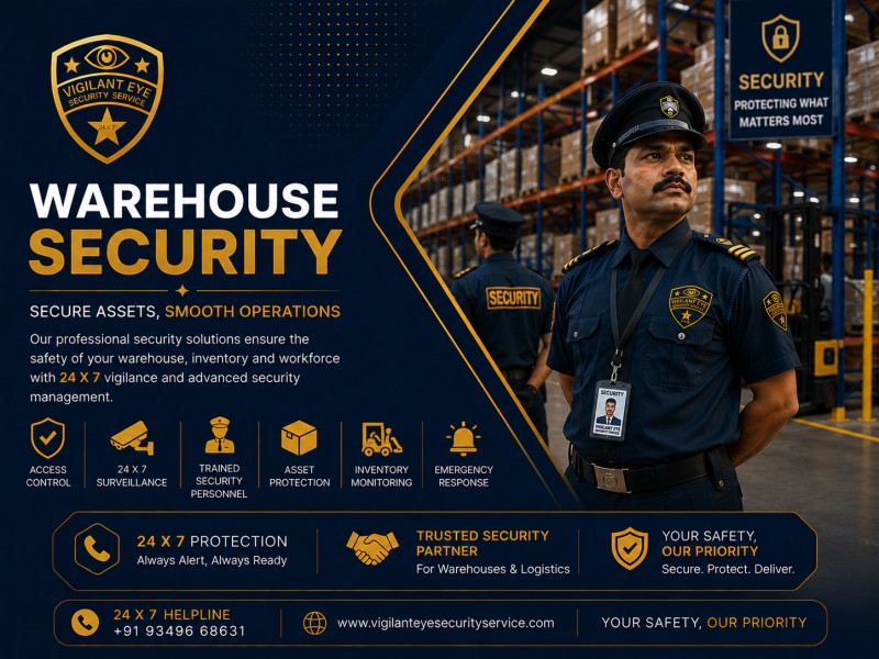Security guard patrolling a warehouse storage facility